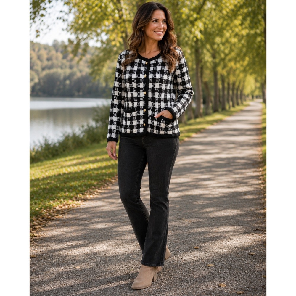 Liz Baker Women Large Black White Gingham Cardigan Gold Button Knit Sweater L